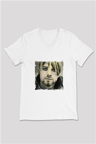 Kurt Cobain Baskılı V Yaka Unisex Beyaz Tişört
