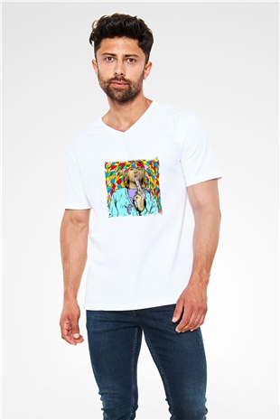 Kurt Cobain Baskılı V Yaka Unisex Beyaz Tişört