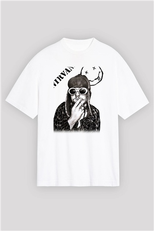 Kurt Cobain Beyaz Unisex Oversize Tişört T-Shirt
