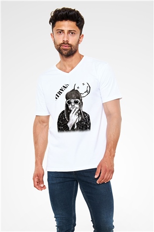 Kurt Cobain Beyaz Unisex V Yaka Tişört T-Shirt