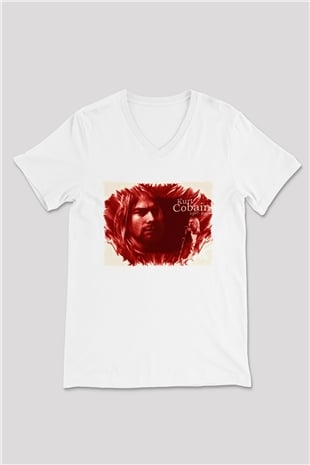 Kurt Cobain Beyaz Unisex V Yaka Tişört