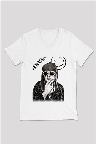 Kurt Cobain Beyaz Unisex V Yaka Tişört T-Shirt