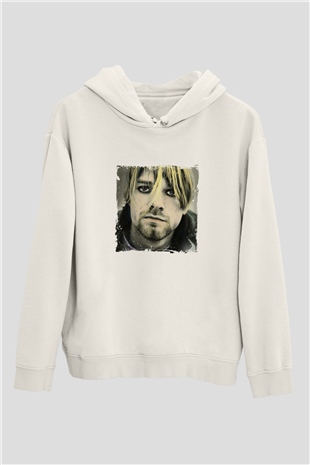Kurt Cobain Unisex Baskılı Beyaz Kapüşonlu Sweatshirt