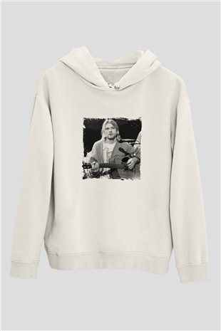 Kurt Cobain Unisex Baskılı Beyaz Kapüşonlu Sweatshirt