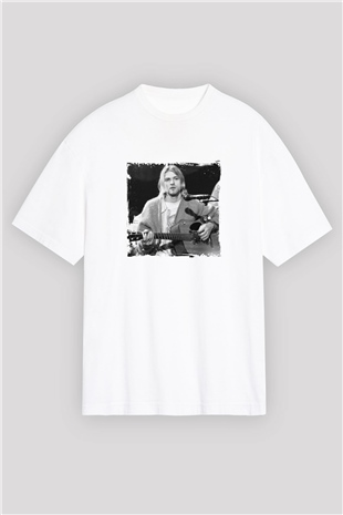 Kurt Cobain Oversize Baskılı Beyaz Tişört