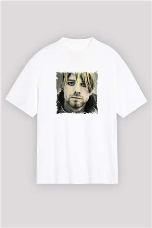 Kurt Cobain Oversize Baskılı Beyaz Tişört