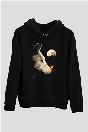Kurt ve Ay Temalı Siyah  Unisex Hoodie