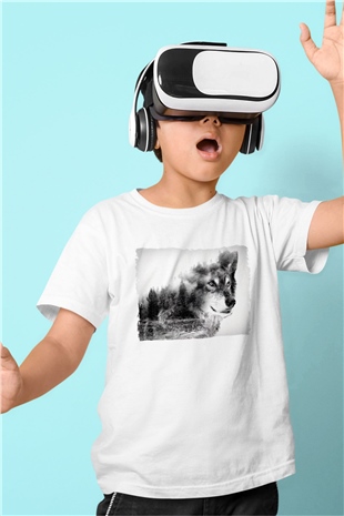 Kurt ve Doğa Baskılı Unisex Beyaz  Çocuk Tişört