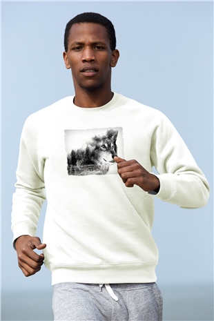 Kurt ve Doğa Baskılı Unisex Beyaz  Sweatshirt