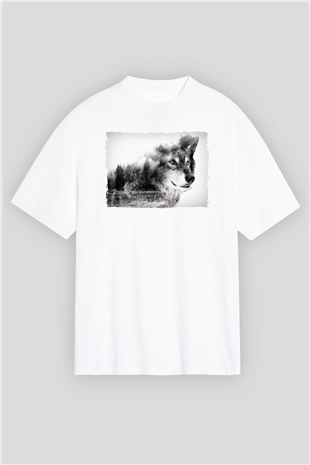 Kurt ve Doğa Baskılı Oversize Beyaz Tshirt