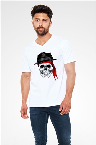 Kuru Kafa Baskılı Unisex Beyaz  V Yaka Tişört