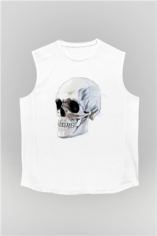 Kuru Kafa Skull Baskılı Unisex Beyaz  Kolsuz Tişört