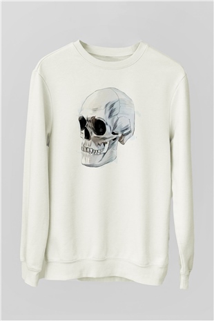 Kuru Kafa Skull Baskılı Unisex Beyaz  Sweatshirt