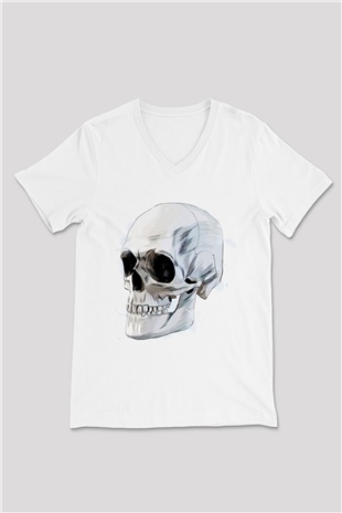 Kuru Kafa Skull Baskılı Unisex Beyaz  V Yaka Tişört