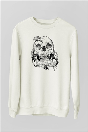 Kurukafa Baskılı Unisex Beyaz  Sweatshirt
