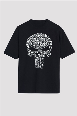 Kurukafa Punisher Baskılı Siyah Oversize Tişört