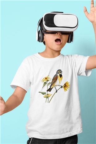 Kuş Baskılı Beyaz Unisex Çocuk Tişört