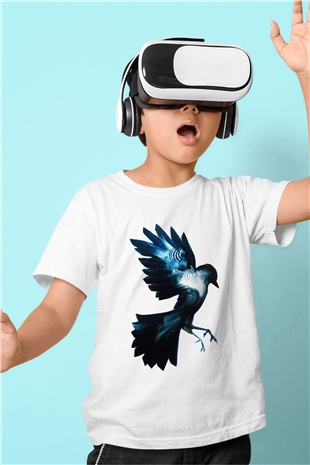Kuş Baskılı Beyaz Unisex Çocuk Tişört