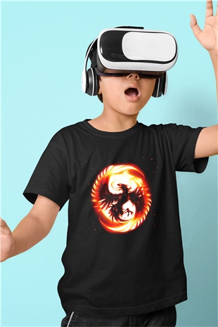 Kuş Baskılı Siyah Unisex Çocuk Tişört