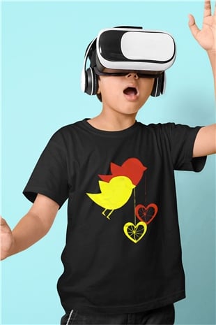 Kuş Baskılı Siyah Unisex Çocuk Tişört