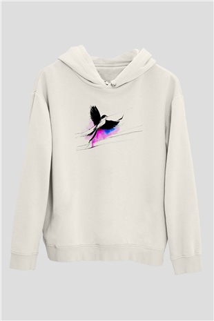Kuş Beyaz Unisex Kapüşonlu Sweatshirt
