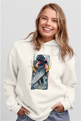 Kuş Beyaz Unisex Kapüşonlu Sweatshirt