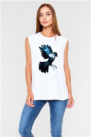 Kuş Beyaz Unisex Kolsuz Tişört