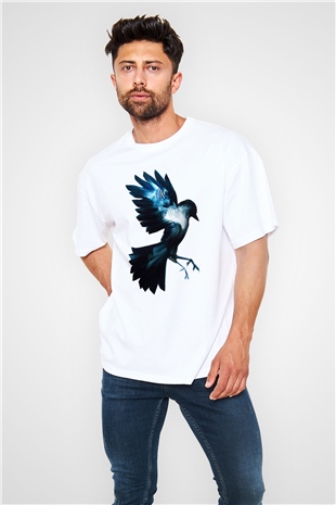 Kuş Beyaz Unisex Oversize Tişört T-Shirt