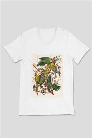 Kuş Beyaz Unisex V Yaka Tişört