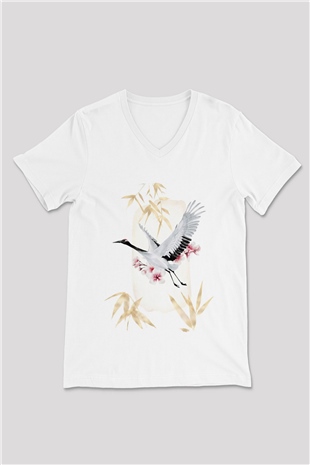 Kuş Beyaz Unisex V Yaka Tişört