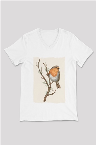 Kuş Beyaz Unisex V Yaka Tişört