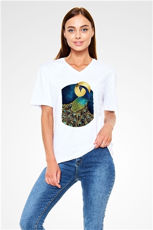 Kuş Beyaz Unisex V Yaka Tişört