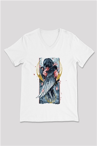 Kuş Beyaz Unisex V Yaka Tişört