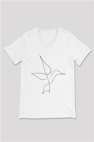 Kuş Beyaz Unisex V Yaka Tişört