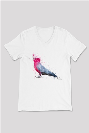 Kuş Beyaz Unisex V Yaka Tişört