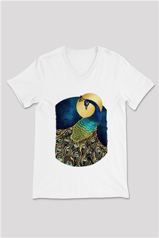 Kuş Beyaz Unisex V Yaka Tişört