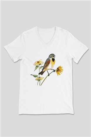 Kuş Beyaz Unisex V Yaka Tişört T-Shirt