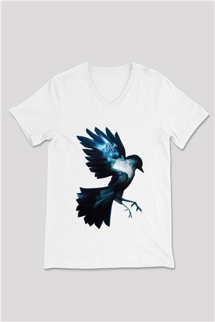Kuş Beyaz Unisex V Yaka Tişört T-Shirt