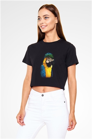 Kuş Siyah Crop Top Tişört