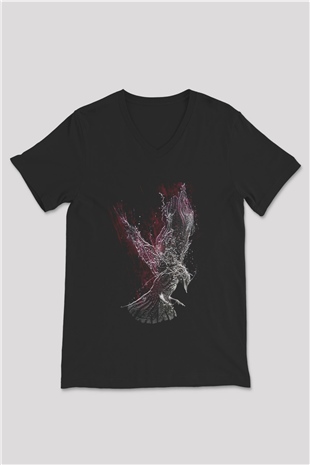 Kuş Siyah Unisex V Yaka Tişört