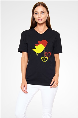 Kuş Siyah Unisex V Yaka Tişört T-Shirt