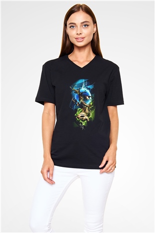 Kuş Siyah Unisex V Yaka Tişört T-Shirt