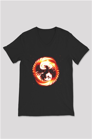 Kuş Siyah Unisex V Yaka Tişört T-Shirt