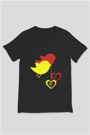 Kuş Siyah Unisex V Yaka Tişört T-Shirt
