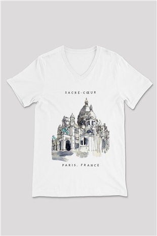Kutsal Kalp Bazilikası Beyaz Unisex V Yaka Tişört