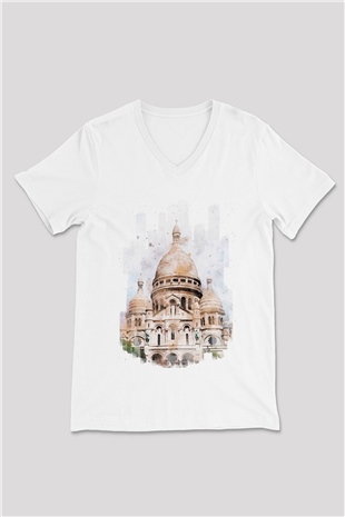 Kutsal Kalp Bazilikası Beyaz Unisex V Yaka Tişört