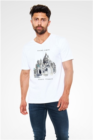 Kutsal Kalp Bazilikası Beyaz Unisex V Yaka Tişört