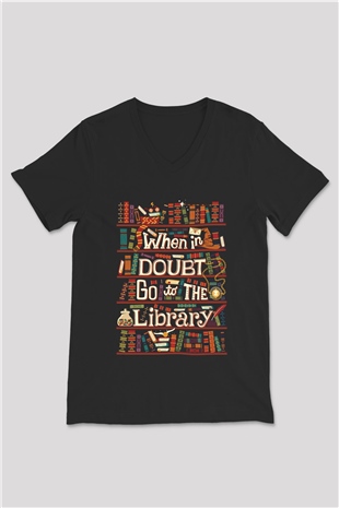 Kütüphaneci Siyah Unisex V Yaka Tişört T-Shirt