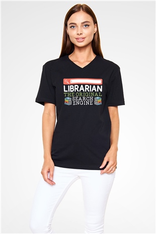 Kütüphaneci Siyah Unisex V Yaka Tişört