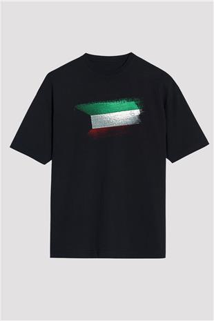 Kuveyt - Kuwait Bayrağı Baskılı Unisex Siyah Oversize Tişört
